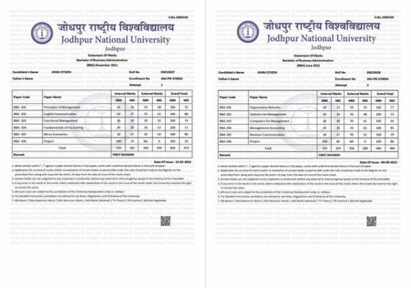Jodhpur National University statement of marks Word and PDF template, 6 pages