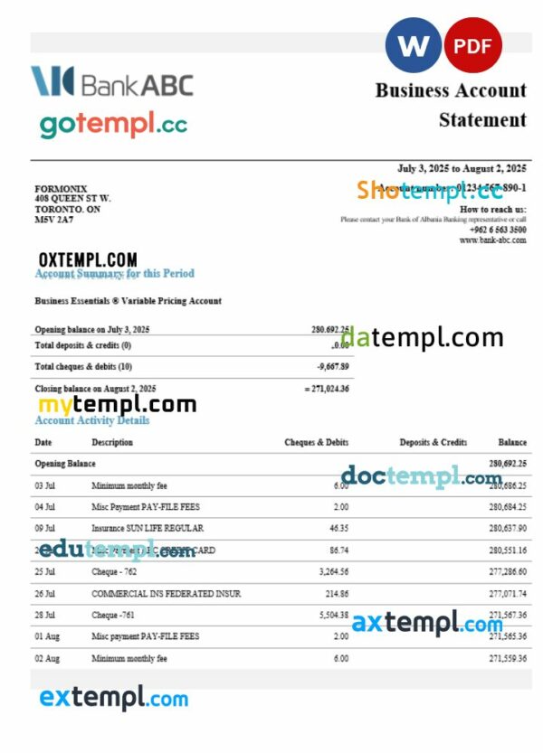 Jordan ABC business account statement Word and PDF template