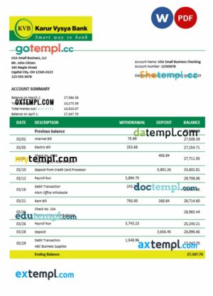 KVB company checking account statement Word and PDF template