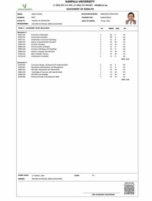 Kampala University statement of results Word and PDF template