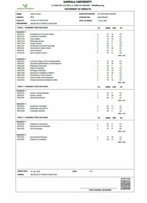 Kampala University statement of results Word and PDF template, version 2