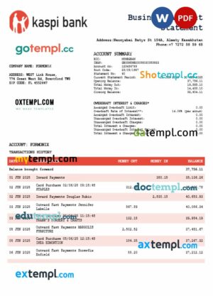 Kaspi Bank organization checking account statement Word and PDF template