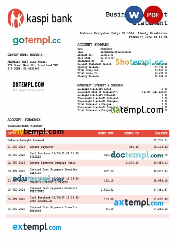 Kaspi Bank organization checking account statement Word and PDF template