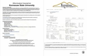 Kennesaw State University official academic transcript Word and PDF template, 2 pages