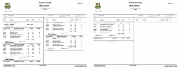 Kenyatta University official transcript Word and PDF template, 2 pages