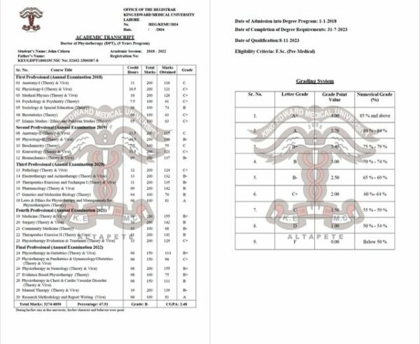 King Edward Medical University, Lahore academic transcript Word and PDF template, 2 pages