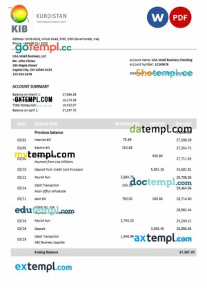 Kurdistan business bank statement Word and PDF format
