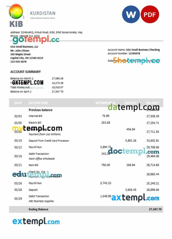 Kurdistan business bank statement Word and PDF format