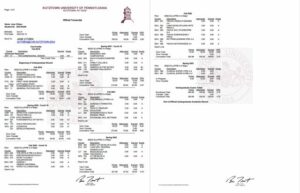 Kutztown University of Pennsylvania official transcript Word and PDF template, 2 pages