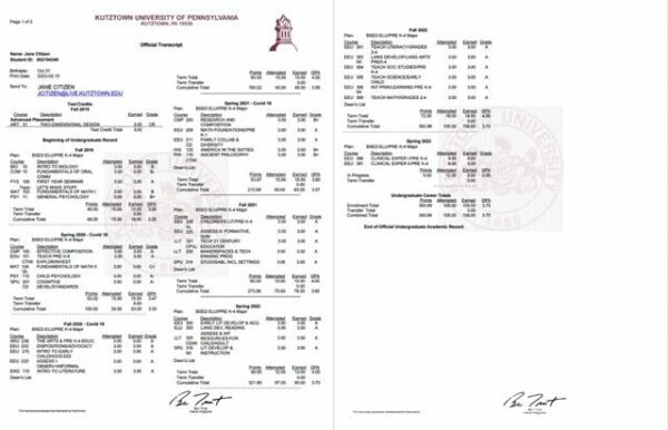 Kutztown University of Pennsylvania official transcript Word and PDF template, 2 pages