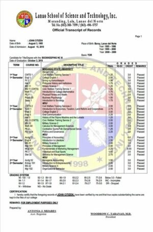 Lanao School of Science and Technology, Inc. official transcript of records Word and PDF template