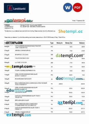 Landsbankinn organization checking account statement Word and PDF format