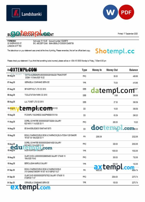 Landsbankinn organization checking account statement Word and PDF format