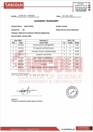 Lincoln college of science management and technology academic transcript Word and PDF template