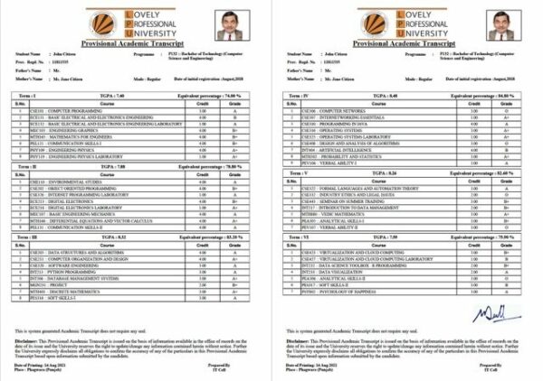 Lovely Professional University provisional academic transcript Word and PDF template, 2 pages