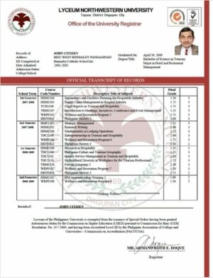 Lyceum-Northwestern University official transcript of records Word and PDF template