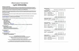 Lynn University official academic transcript Word and PDF template, 2 pages