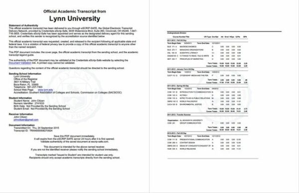 Lynn University official academic transcript Word and PDF template, 2 pages