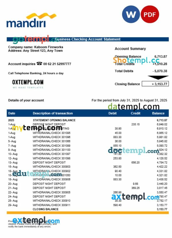 Mandiri enterprise account statement Word and PDF template