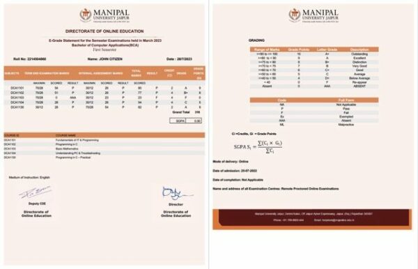 Manipal University Jaipur e-grade statement Word and PDF template, 2 pages