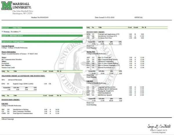Marshall University official transcript Word and PDF template