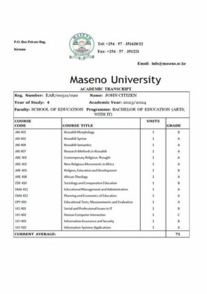 Maseno University academic transcript Word and PDF template
