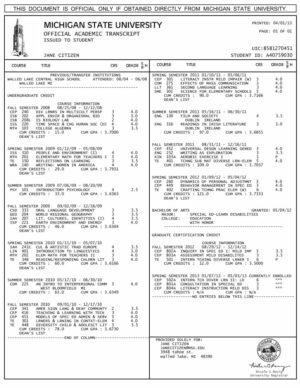 Michigan State University official academic transcript Word and PDF template