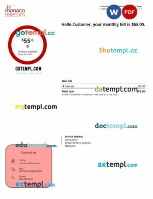 Monaco telecom internet utility bill template in Word and PDF formats, 3 pages