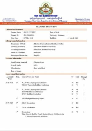 Myanmar Shan State Buddhist University academic transcript Word and PDF template