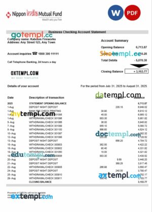 NIPPON organization checking account statement Word and PDF format