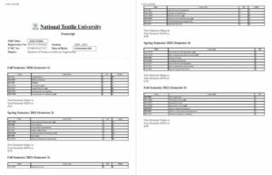 National Textile University transcript Word and PDF template, 2 pages
