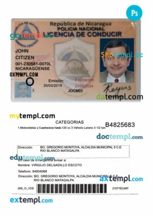 Nicaragua driving license PSD editable template, 2019-present