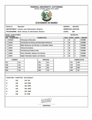 Nigeria Federal University Dutsin-Ma statement of marks Word and PDF template