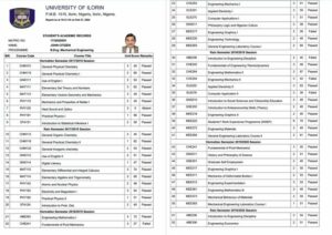 Nigeria University of Ilorin student's academic records Word and PDF template, 2 pages