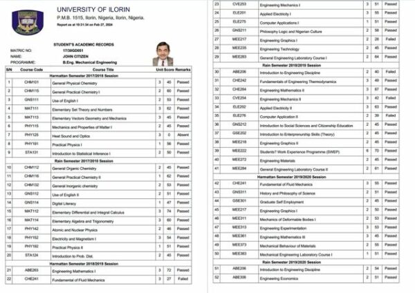 Nigeria University of Ilorin student's academic records Word and PDF template, 2 pages