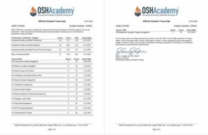 OSHAcademy official student transcript Word and PDF template, 2 pages