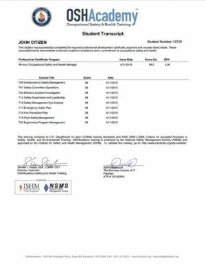 OSHAcademy student transcript Word and PDF template