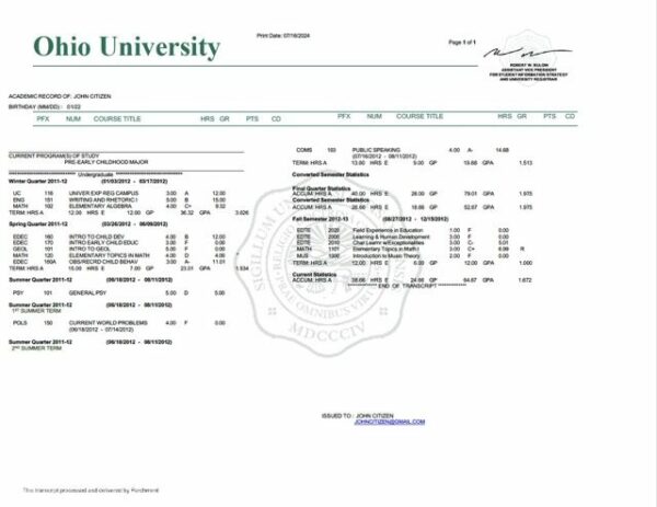 Ohio University academic record Word and PDF template