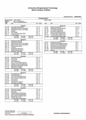 Pakistan University of Engineering & Technology Bannu Campus transcript Word and PDF template