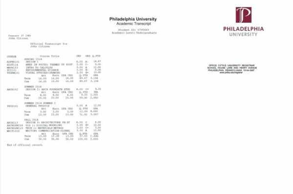 Philadelphia University academic transcript Word and PDF template
