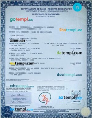 Puerto Rico certificate of birth template in PSD format