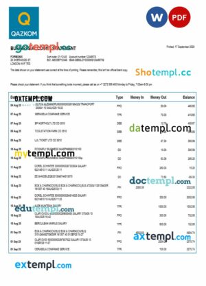 Qazkom bank enterprise account statement Word and PDF template
