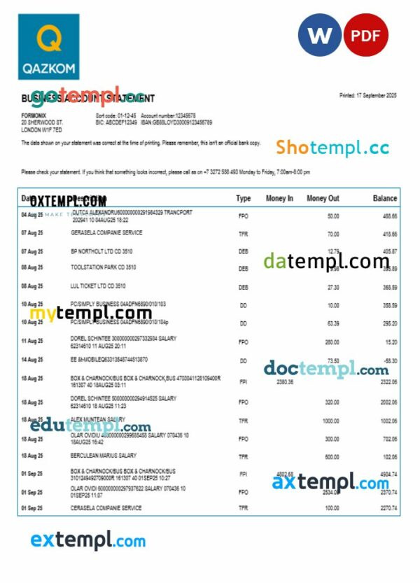 Qazkom bank enterprise account statement Word and PDF template