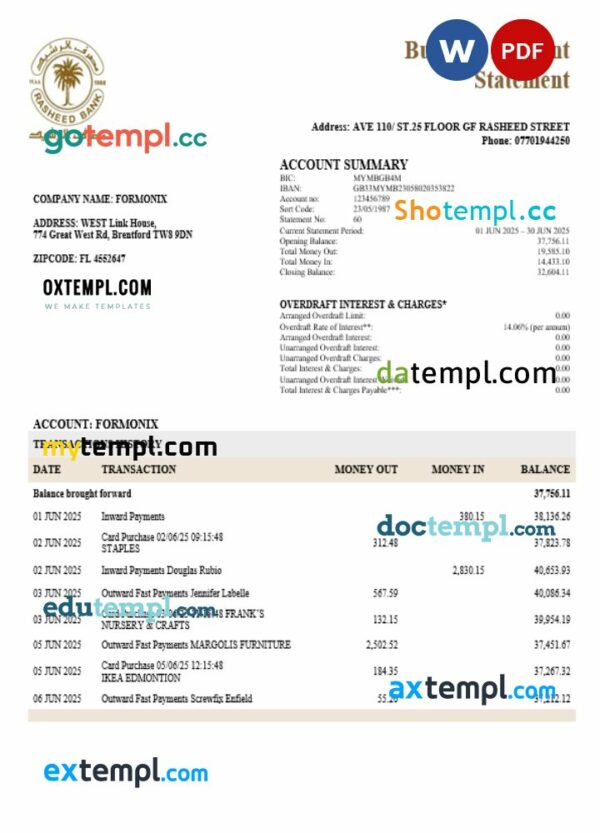 Rasheed company checking account statement Word and PDF template