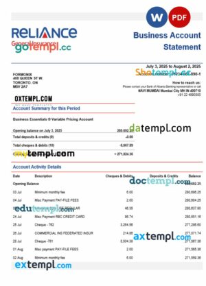 Reliance General Insurance Company Limited organization checking account statement Word and PDF format