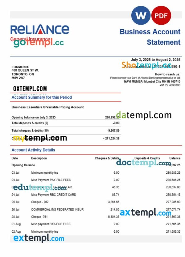Reliance General Insurance Company Limited organization checking account statement Word and PDF format
