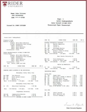 Rider University transcript Word and PDF template