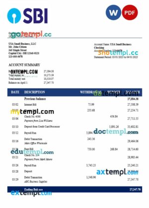 SBH organization checking account statement Word and PDF format