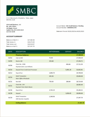 SMBC Bank firm account statement Word and PDF template