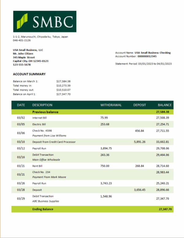 SMBC Bank firm account statement Word and PDF template